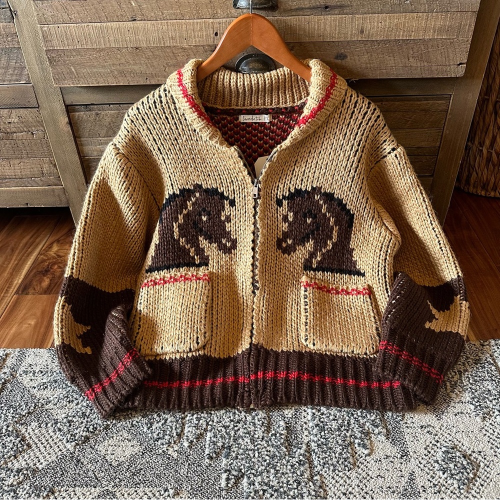 New Knitted Horse Print Cardigan Sweater Western Rodeo Montana Coat - Picture 11 of 14